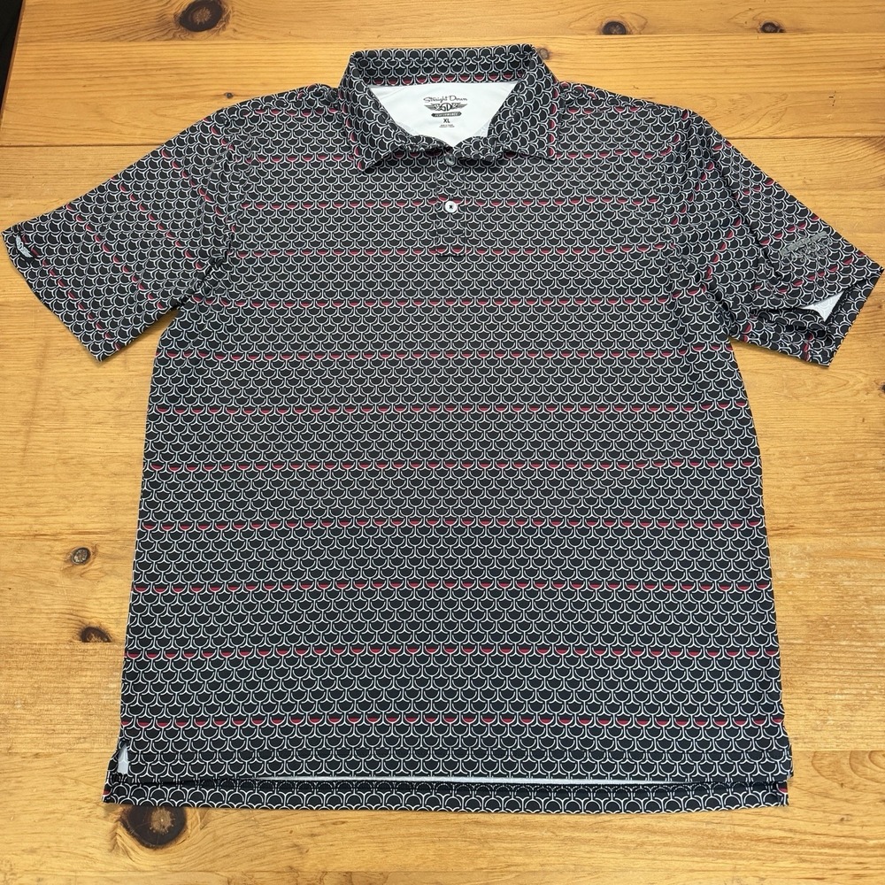 STRAIGHT DOWN Size XL Mens Wine Glass Print Performance Polo Shirt Black Golf